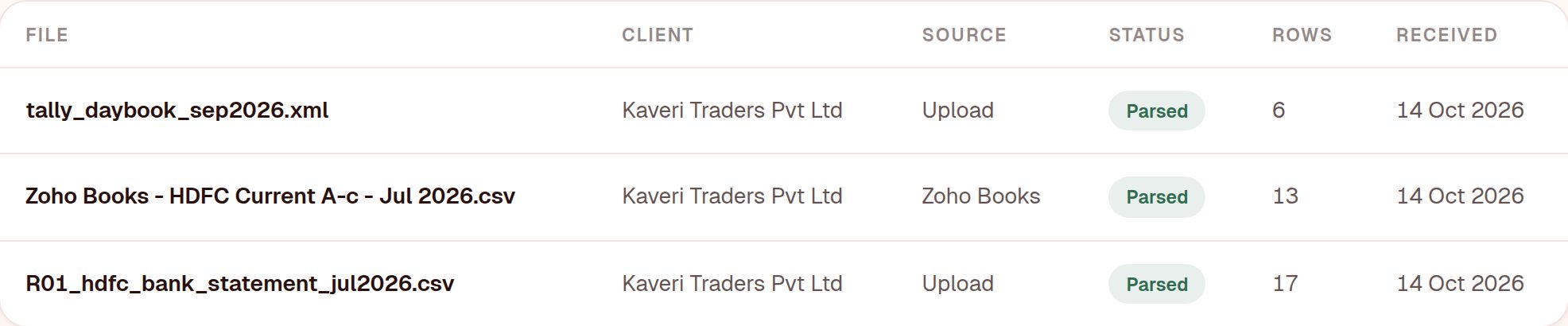 Documents list showing a Tally XML export and a bank statement, both parsed
