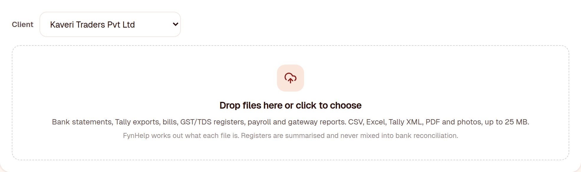 FynHelp Documents page: client selector and a drop area for bank statements and Tally exports