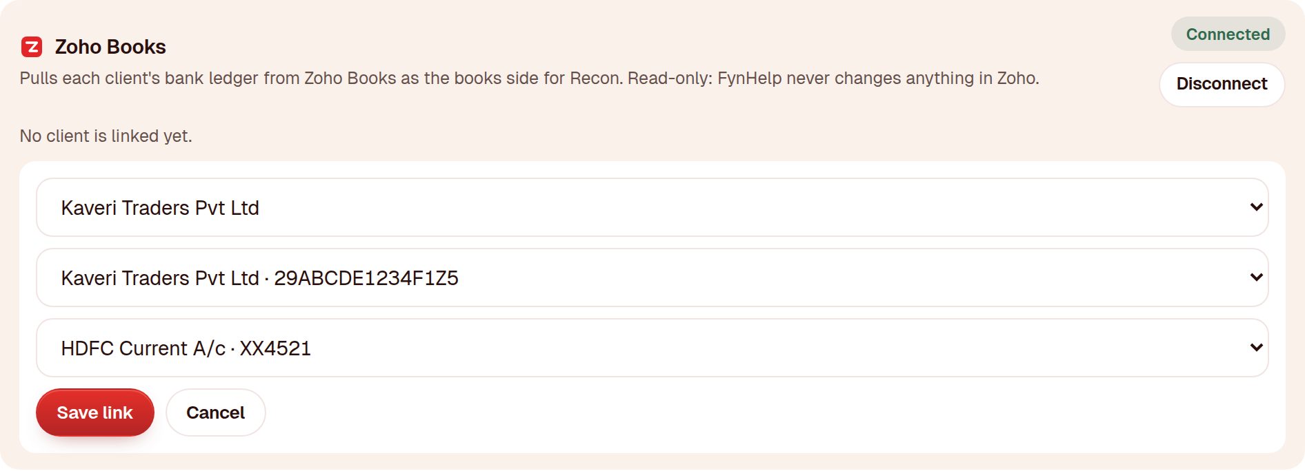 Linking a FynHelp client to a Zoho organisation and its HDFC bank account