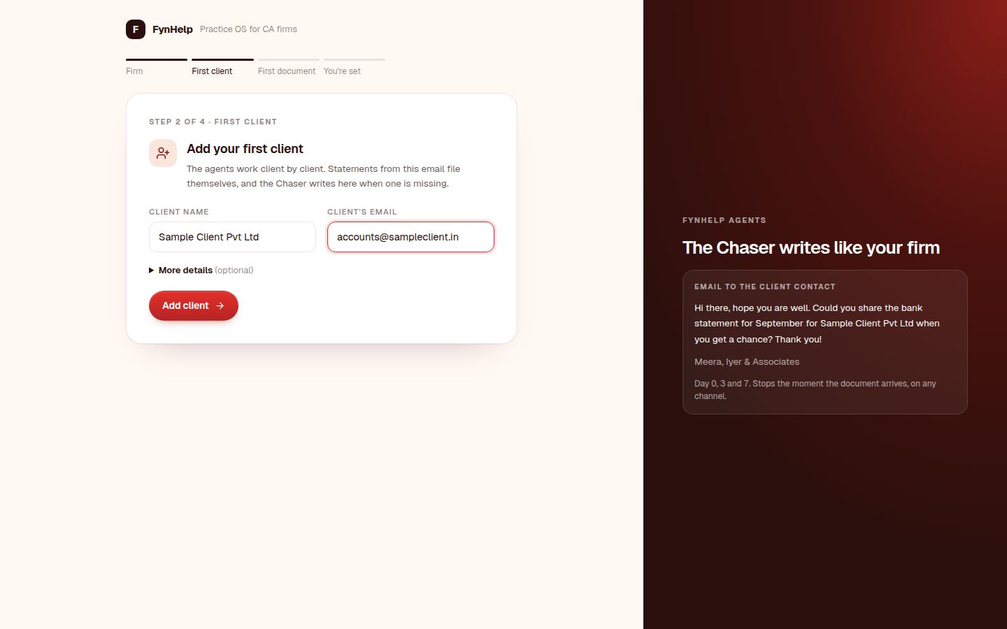 Add client form with client name and contact email