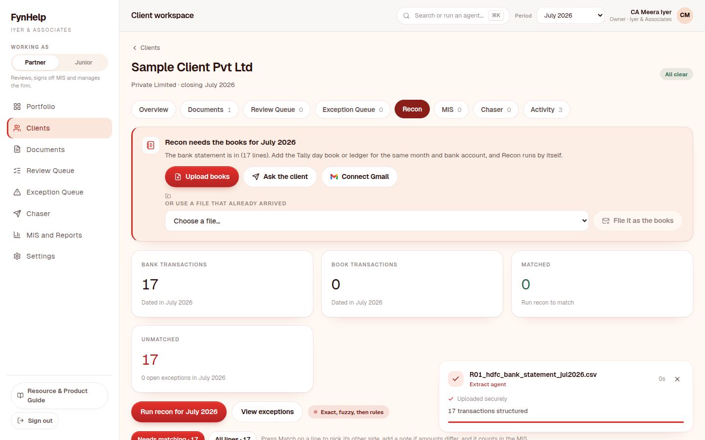 Recon tab asking for the books for July 2026 with Upload books, Ask the client and Connect Gmail buttons