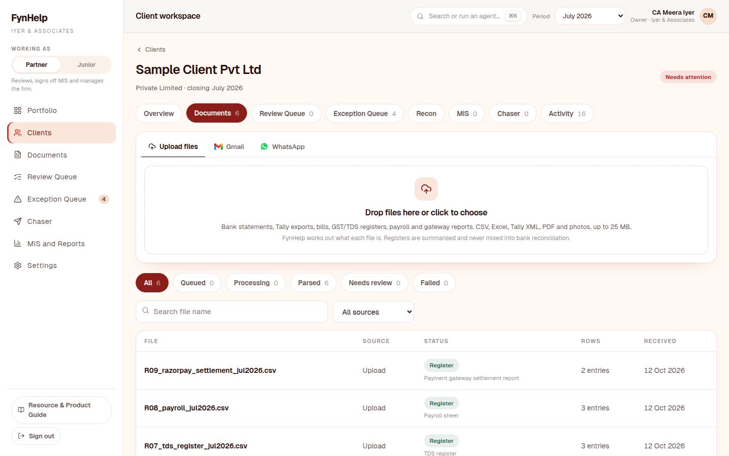 Documents tab listing six files, all parsed