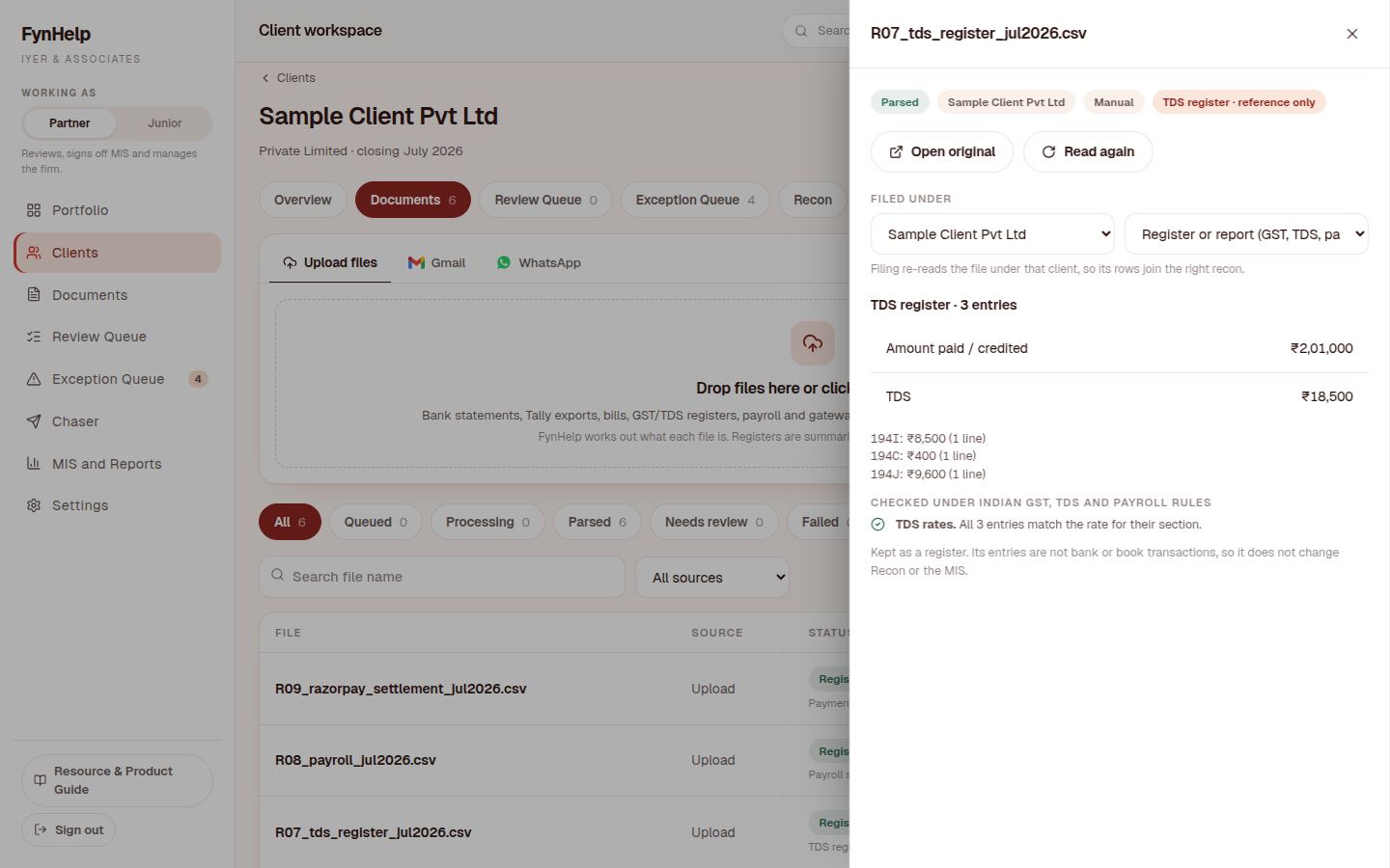 TDS register: amount paid, TDS by section and a passed rate check