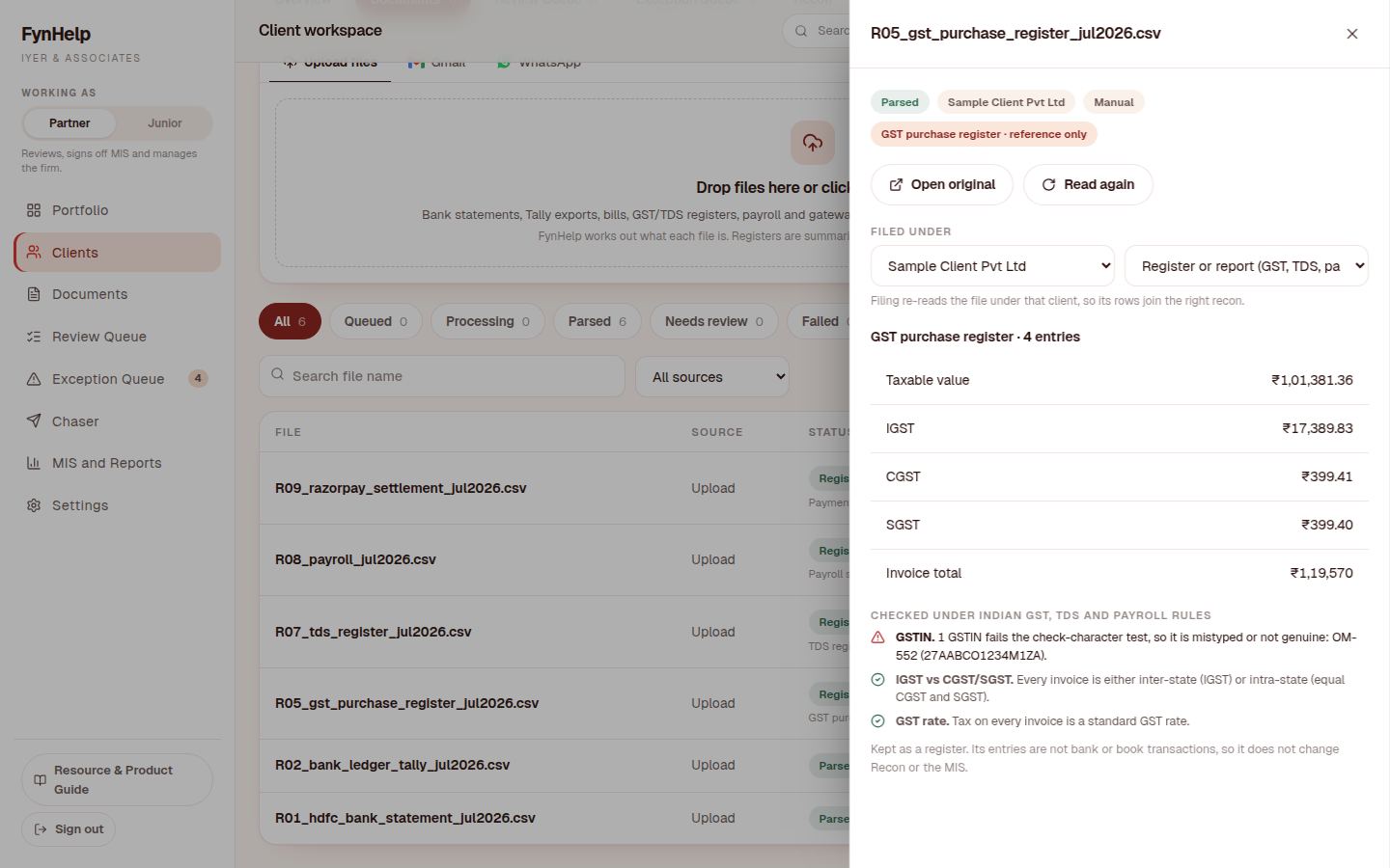 GST purchase register totals with one GSTIN flagged as failing the check-character test