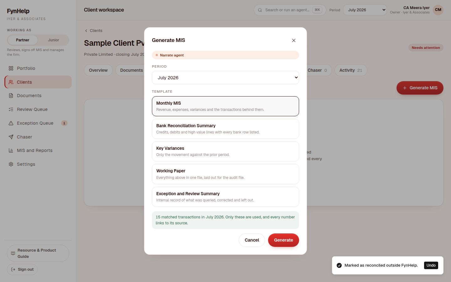 Generate MIS dialog