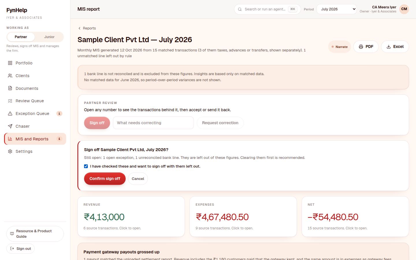 Sign-off confirmation listing open items