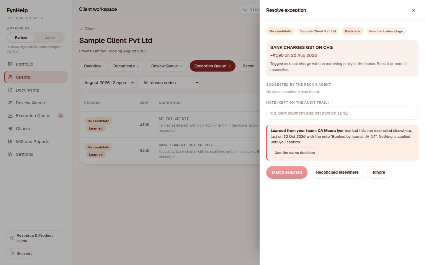 August exception showing what the team decided in July, with a Use the same decision button